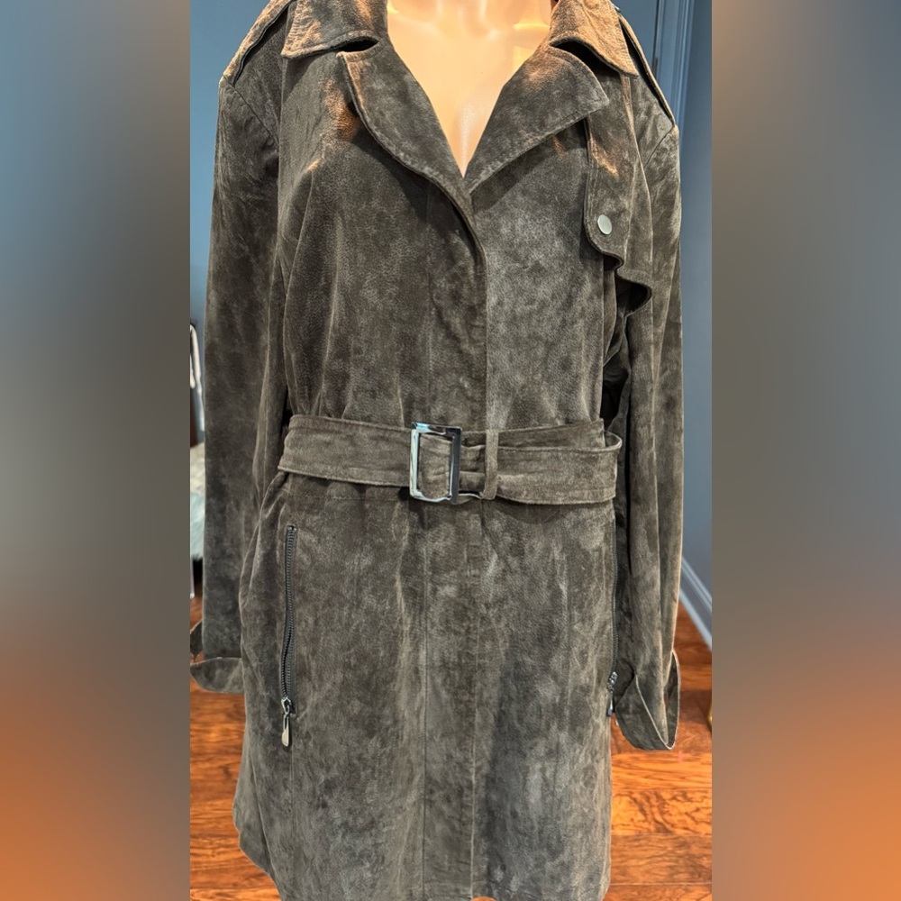 Bradley Bayou Leather Trench Coat Brown Belted Moto Jacket Womens 2X - Picture 2 of 9